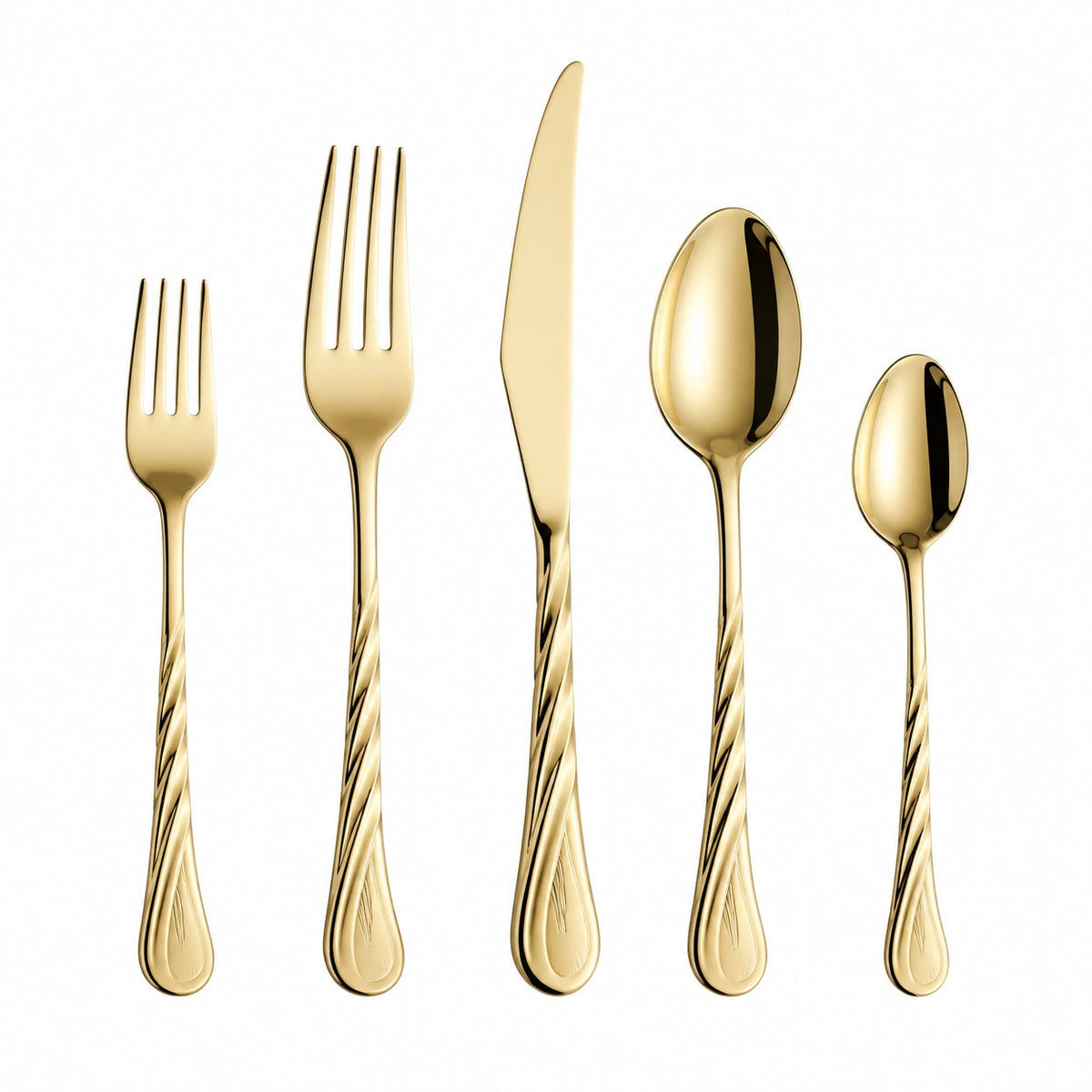 Besteckset 5-teilig bis 23 cm aus Edelstahl in Gold mit gedrehten Griffen