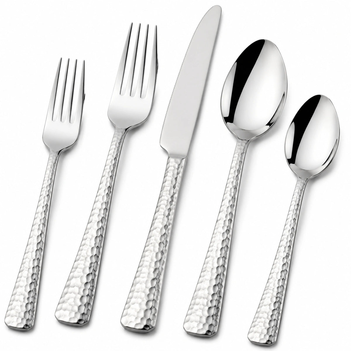 Besteckset 5-teilig Edelstahl Silber mit gehämmerten Griffen