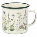 Emaillebecher 500 ml Cremeweiß mit Blumenmuster und grünem Rand