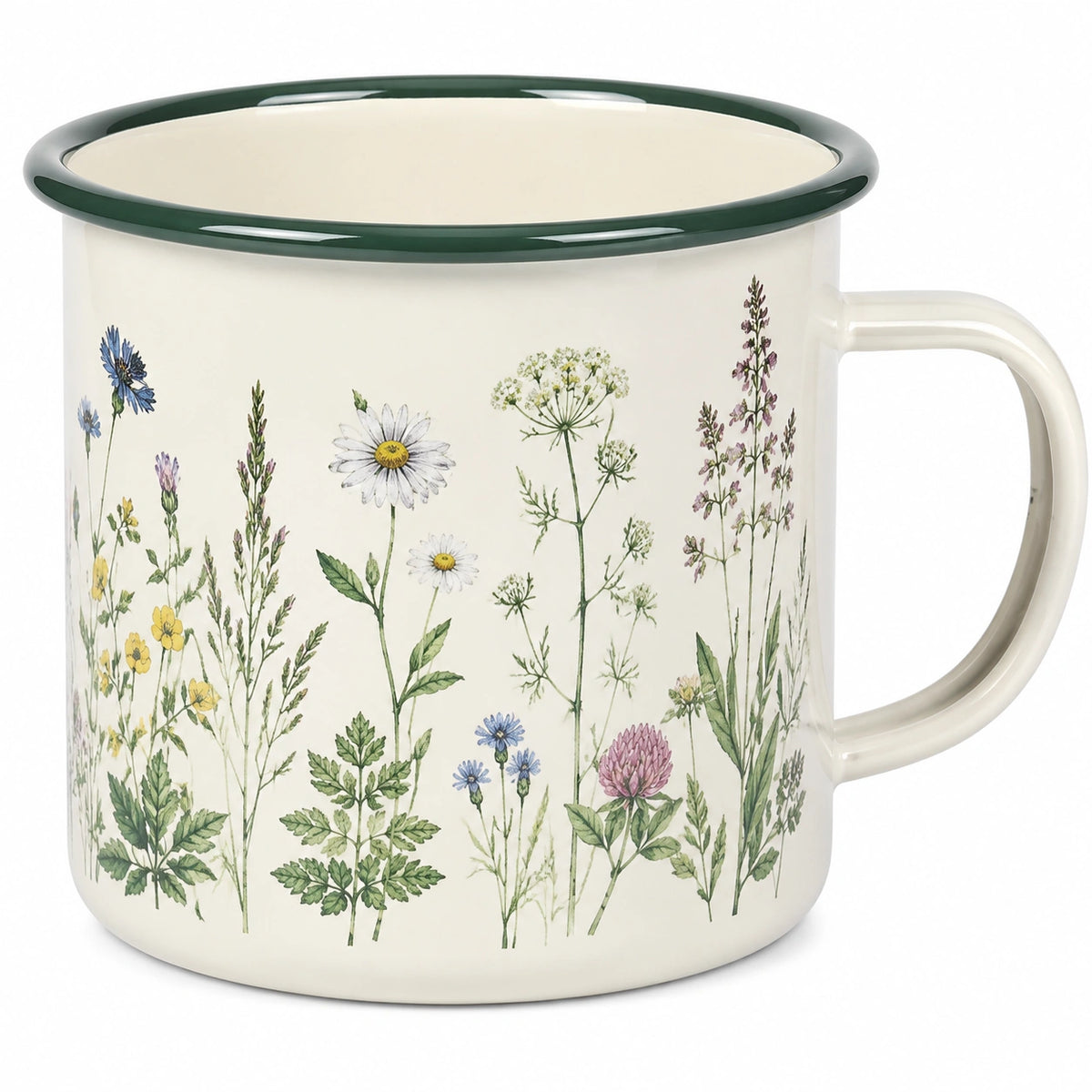 Emaillebecher 500 ml Cremeweiß mit Blumenmuster und grünem Rand