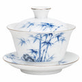 Gaiwan Teeschale 180 ml aus Porzellan weiß blau mit Bambusdekor und Deckel