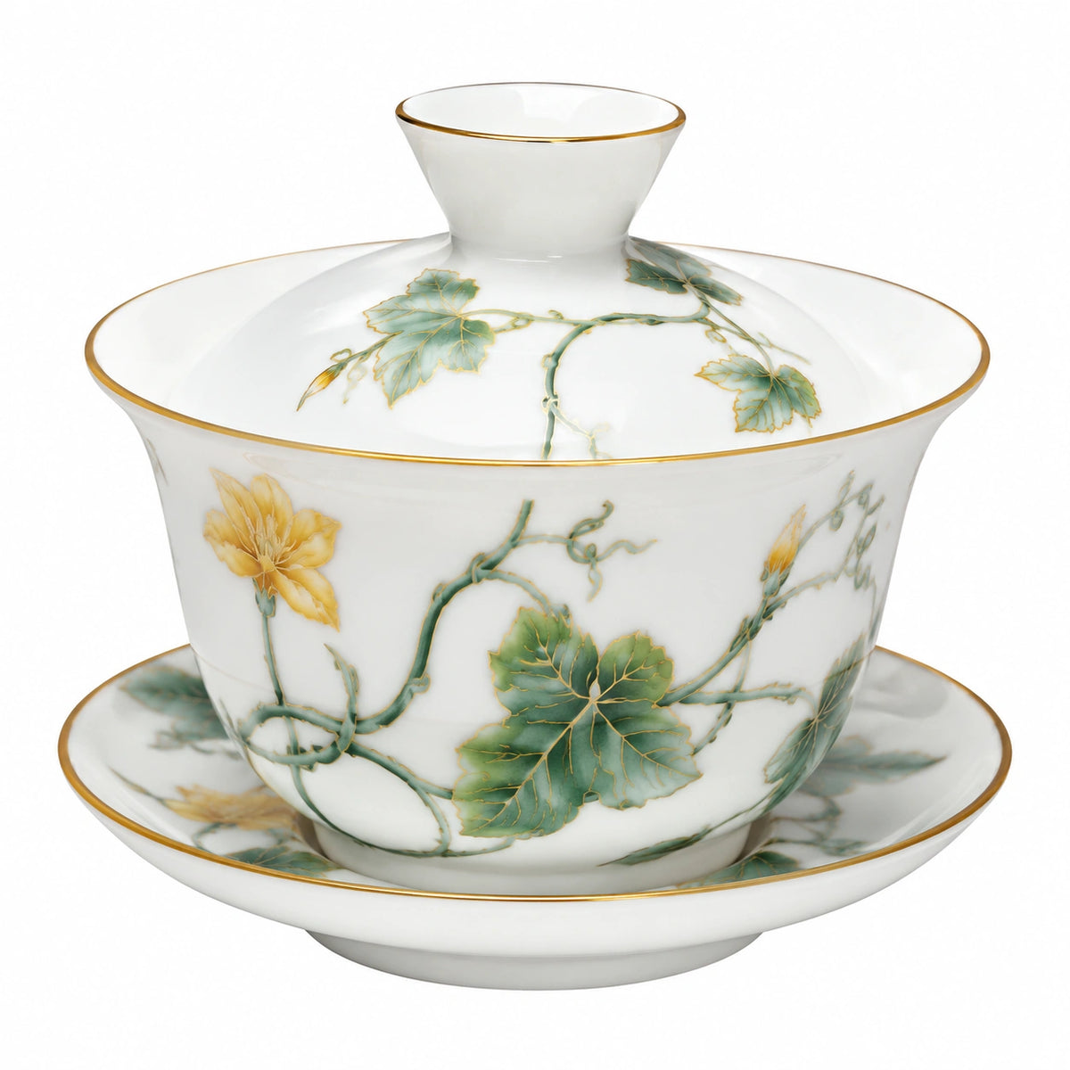 Gaiwan Teetasse 180 ml aus Porzellan Weiß Grün Gold mit Deckel und Untertasse