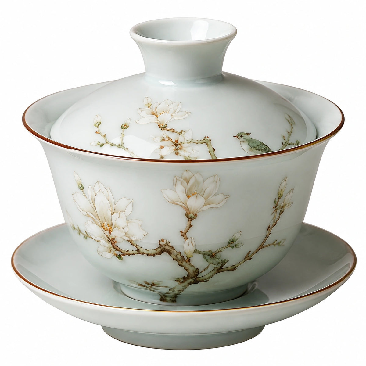 Gaiwan Teetasse 180 ml Porzellan Weiß mit Blumenmotiv und Deckel
