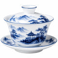Porzellan Gaiwan 150 ml Blau Weiß Teeschale mit Deckel und Untertasse Landschaftsmotiv