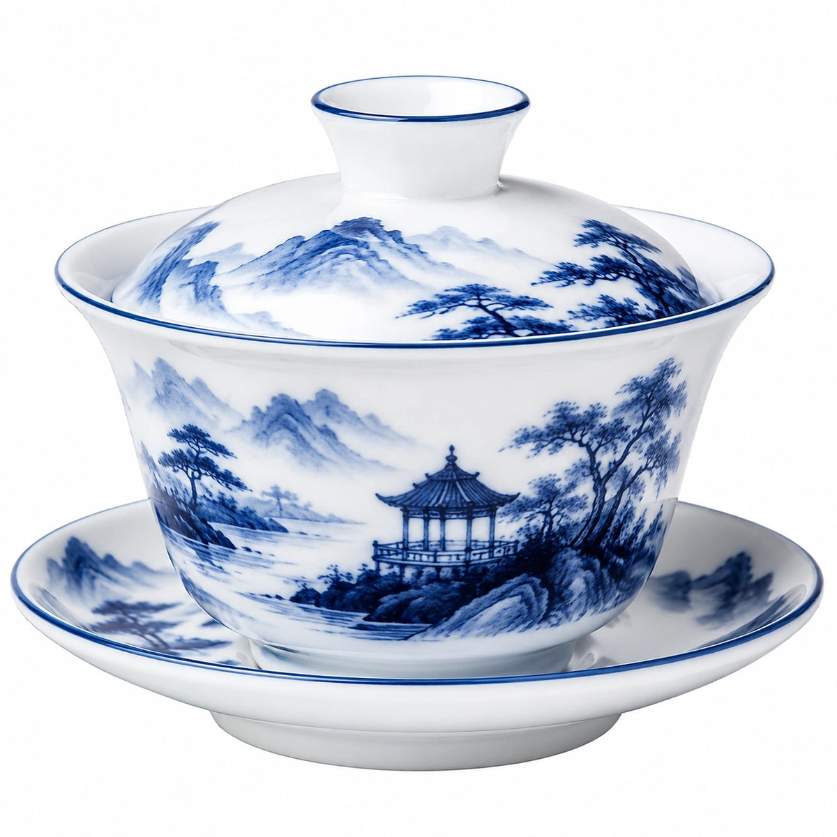 Porzellan Gaiwan 150 ml Blau Weiß Teeschale mit Deckel und Untertasse Landschaftsmotiv