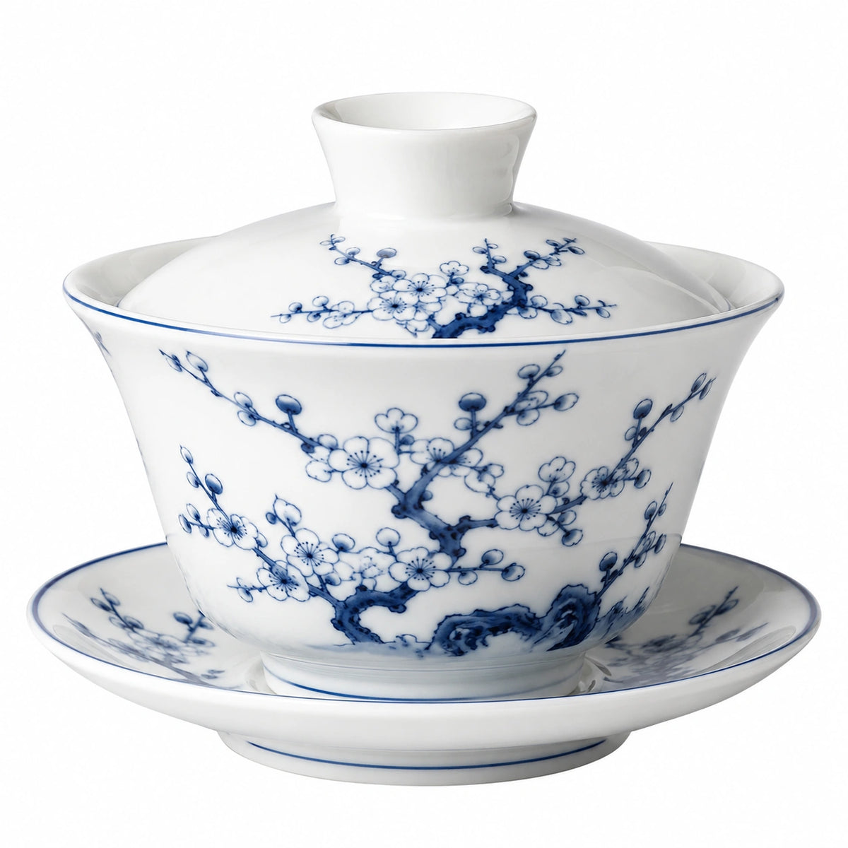 Porzellan Gaiwan Teeschale 180 ml 10 cm Weiß Blau mit Deckel und Untertasse
