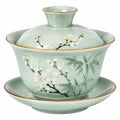 Gaiwan Teeschale 180 ml Porzellan Hellgrün mit Blütenmotiv und Untertasse