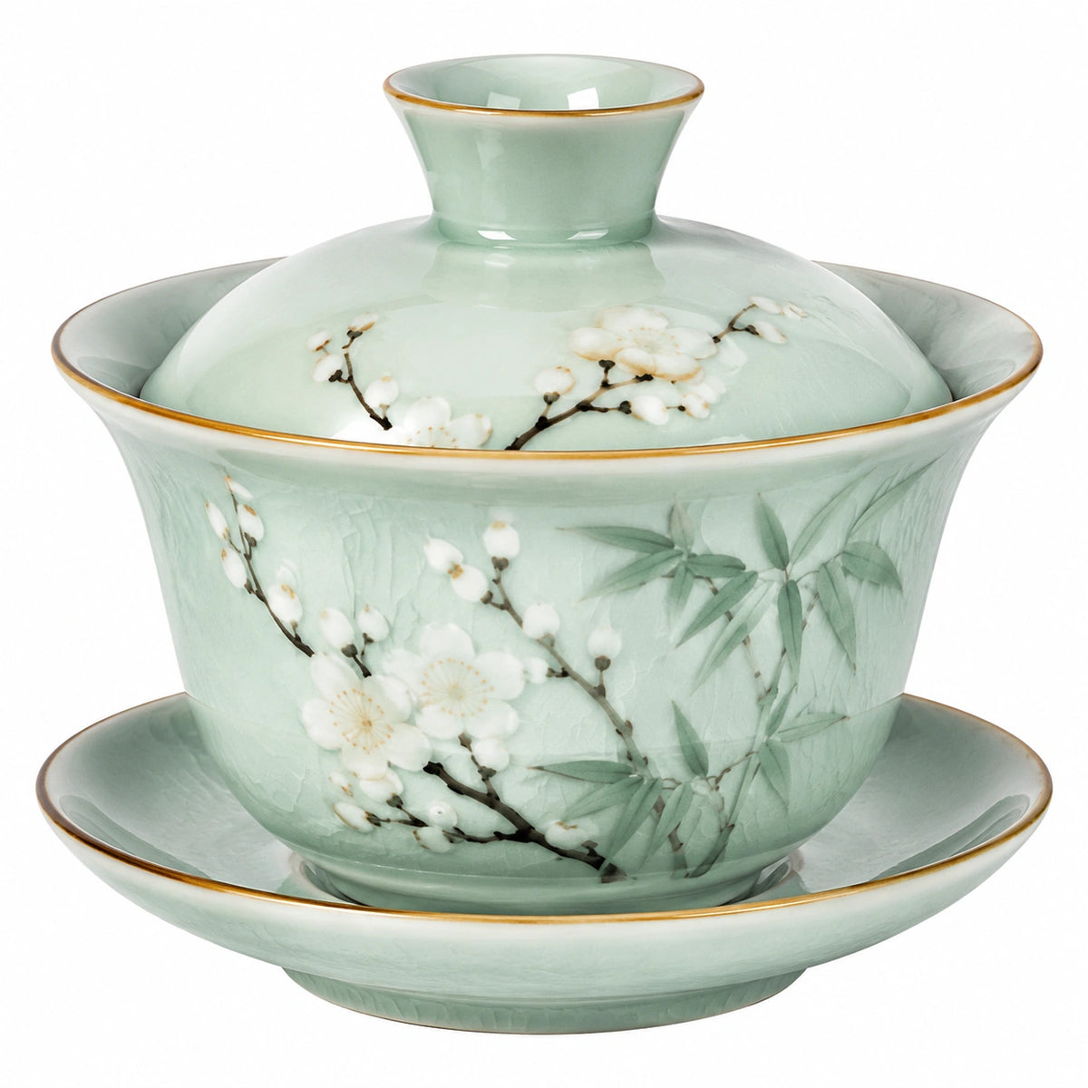 Gaiwan Teeschale 180 ml Porzellan Hellgrün mit Blütenmotiv und Untertasse