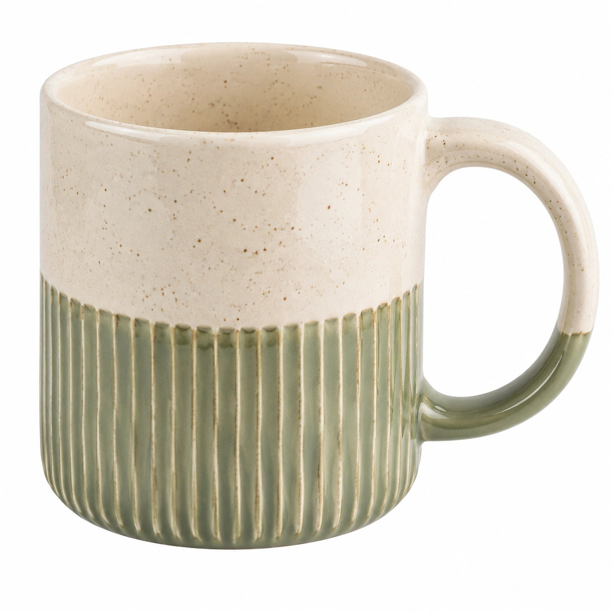 Keramiktasse 400 ml Beige Grün geriffelt für Heiß- und Kaltgetränke