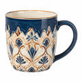 Keramiktasse 450 ml Durchmesser 9.5 cm Höhe 10.5 cm Blau Creme mit floralem Reliefmuster und Henkel