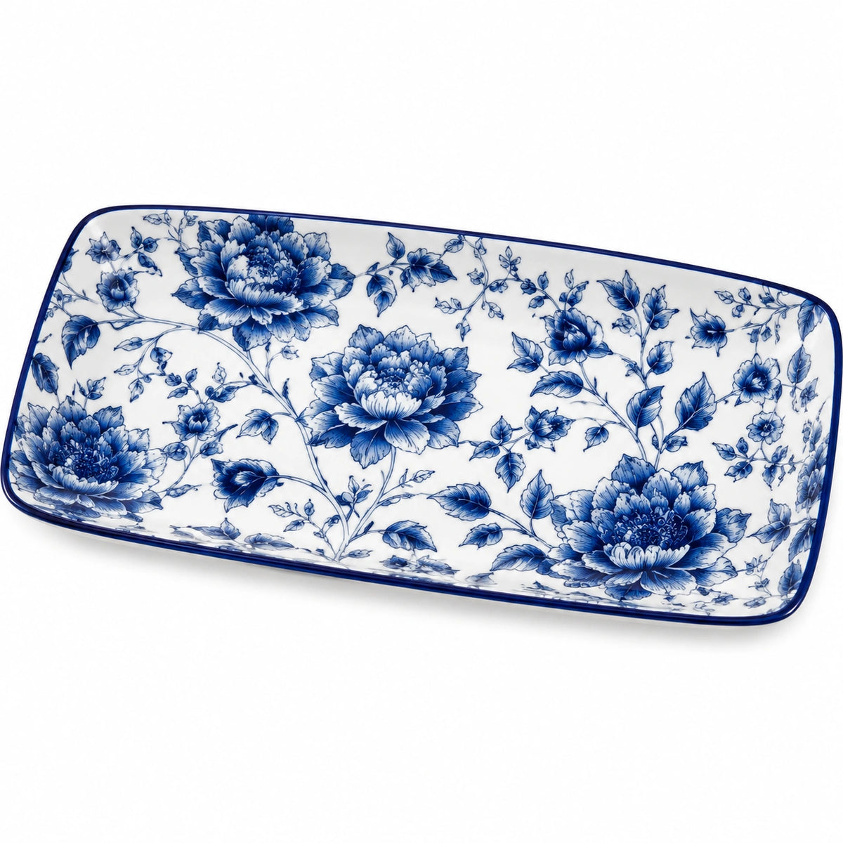 Servierplatte 35 x 20 cm Porzellan Weiß Blau mit Blumenmuster rechteckig
