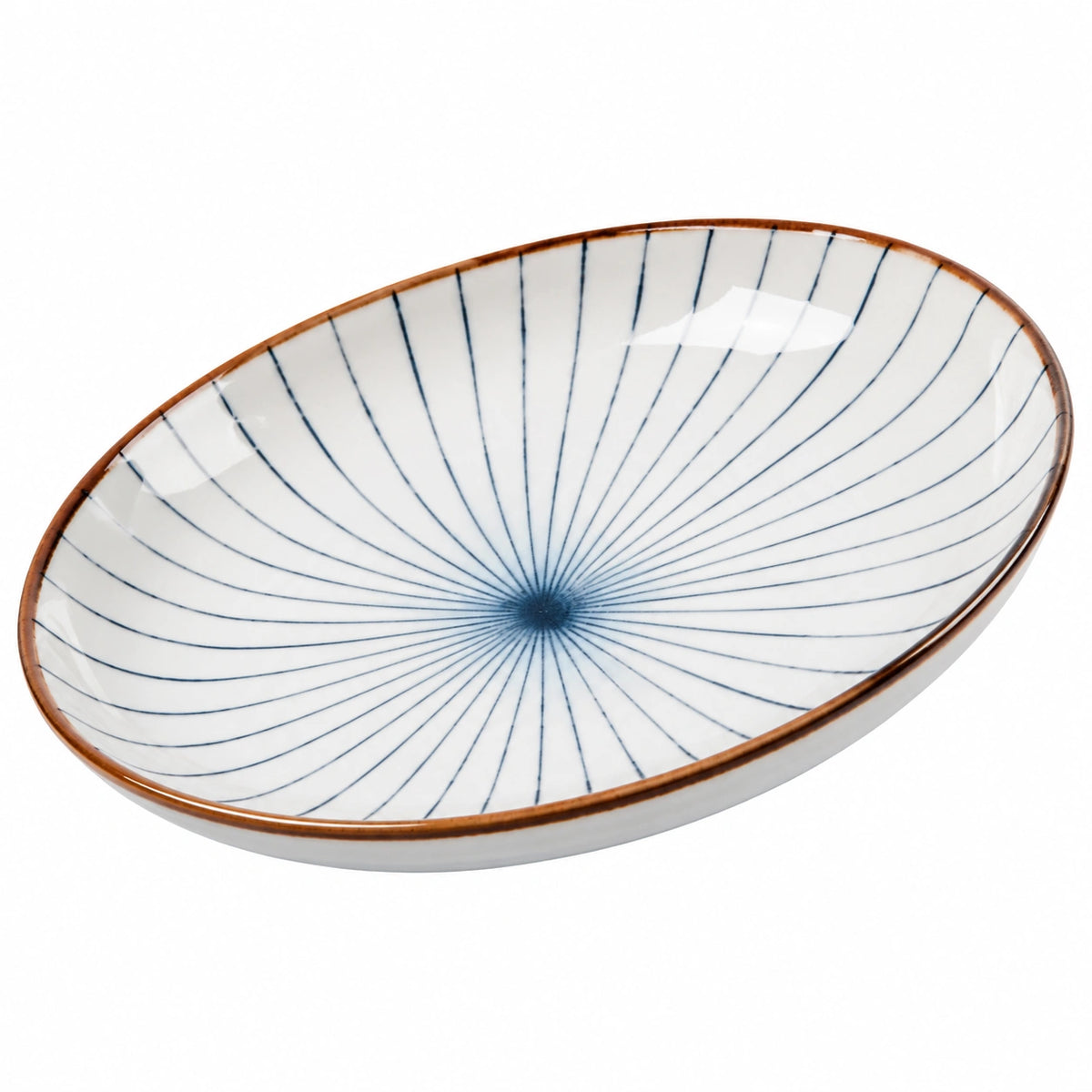 Ovale Servierplatte 28 x 18 cm aus Keramik in Weiß Blau mit Linienmuster