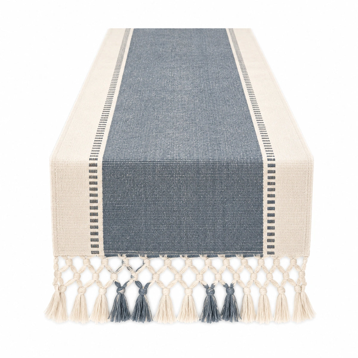 Tischläufer 180 x 40 cm aus Baumwolle Blau Creme gewebt mit Quasten