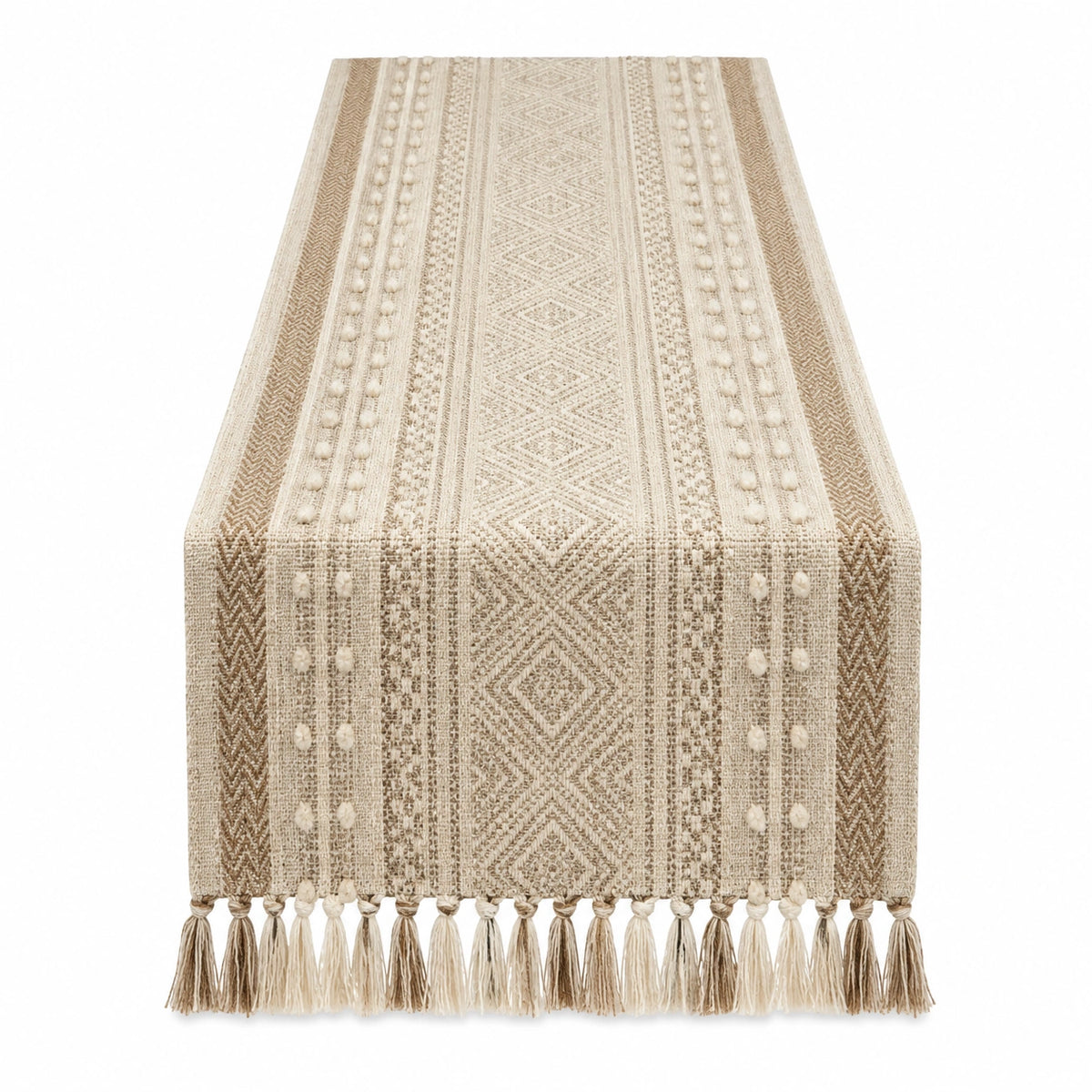 Tischläufer 180 x 40 cm Textilgewebe Beige Braun mit Fransen im Boho-Stil