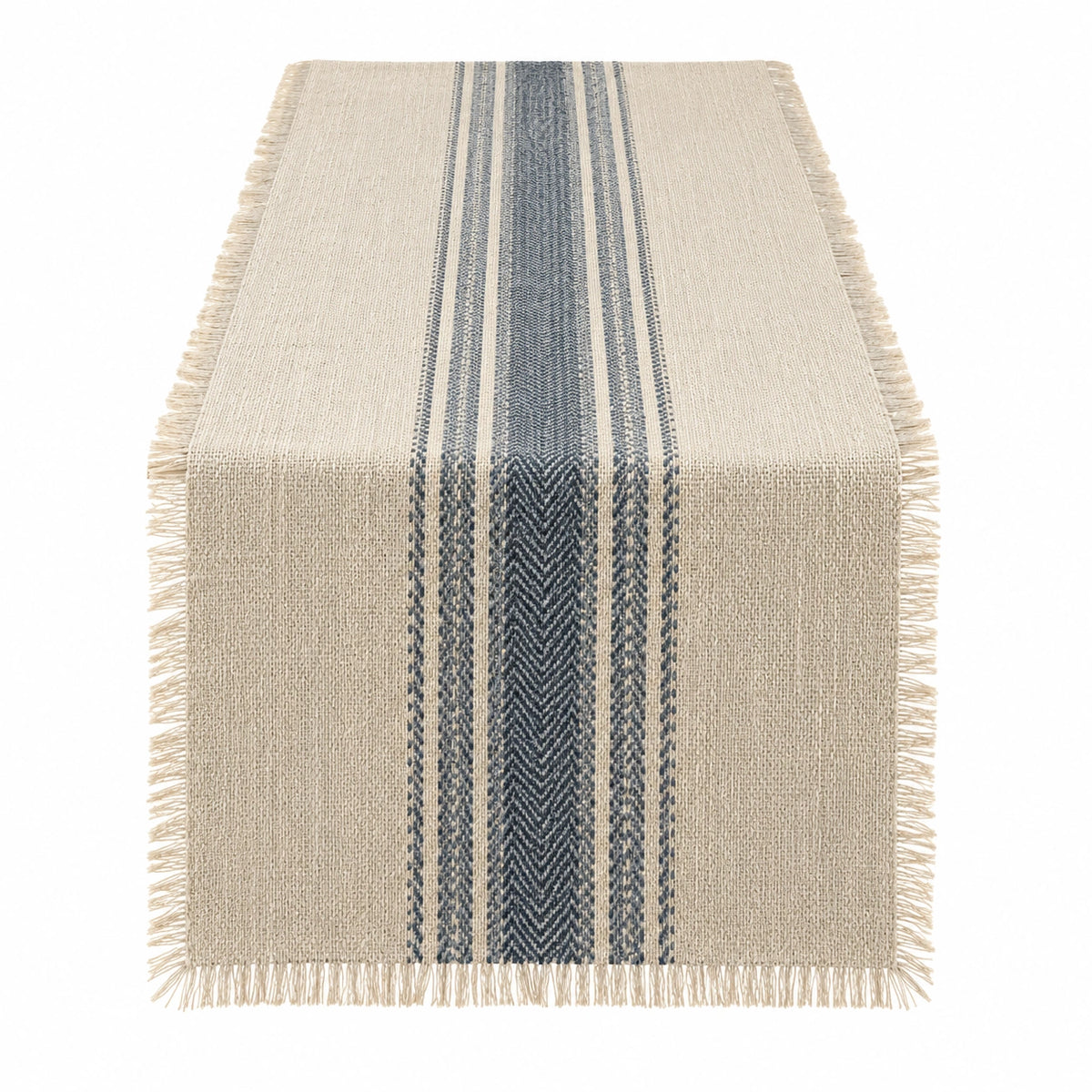Tischläufer 180 x 35 cm Beige Blau gewebter Textilstoff mit Fransen Streifenmuster